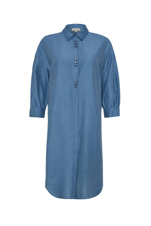 İndigo Rahat Kesim İşlemeli Keten Tunik - Aker