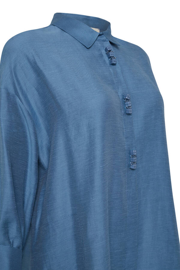 İndigo Rahat Kesim İşlemeli Keten Tunik - Aker (1)