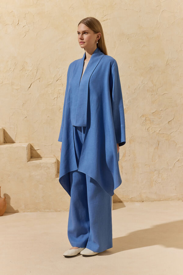 İndigo Şal Yaka Keten Kimono - 3