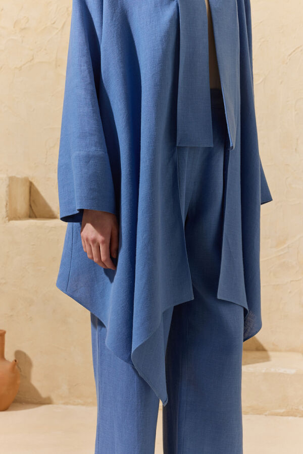 İndigo Şal Yaka Keten Kimono - 6