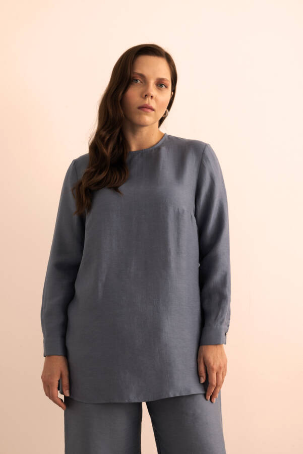 İndigo Tencel Keten Bluz - 1
