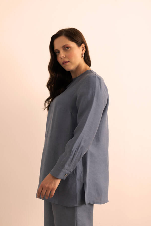 İndigo Tencel Keten Bluz - 5
