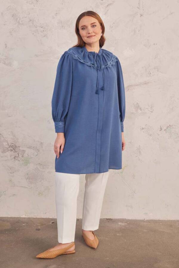 İndigo Yakası Dantelli Tunik - 4