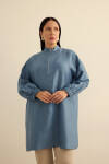 İndigo Yakası Fermuarlı Keten Tencel Tunik - 2