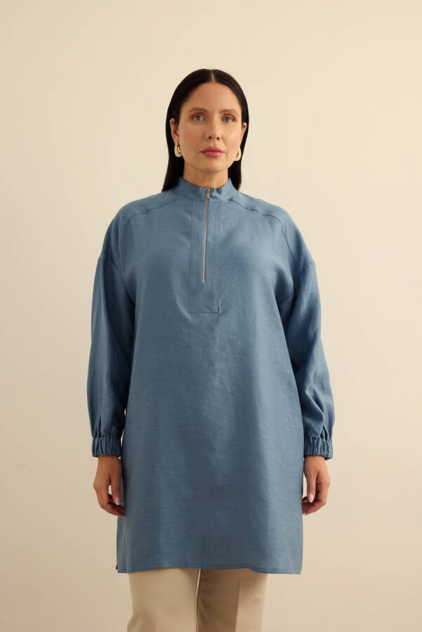 İndigo Yakası Fermuarlı Keten Tencel Tunik - Aker