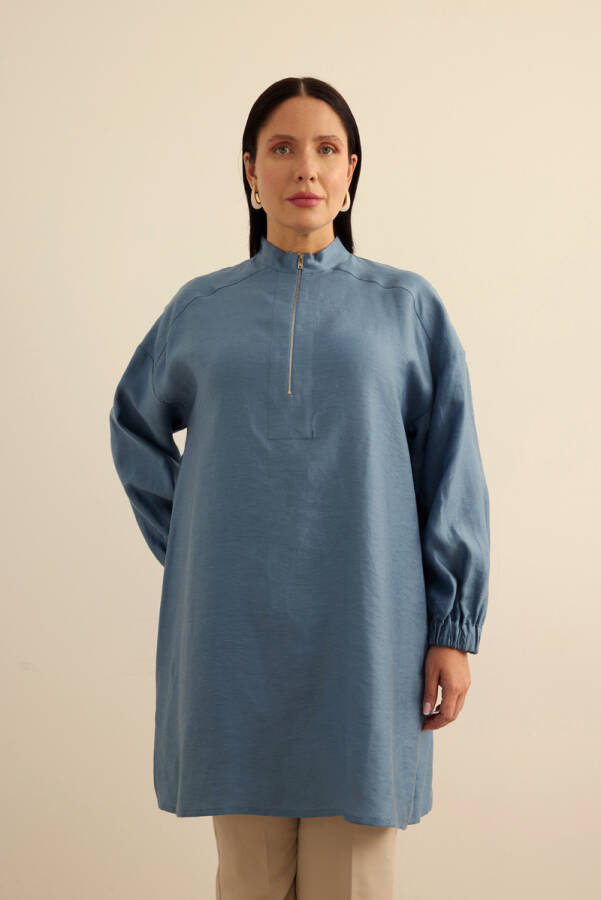 İndigo Yakası Fermuarlı Keten Tencel Tunik - 4