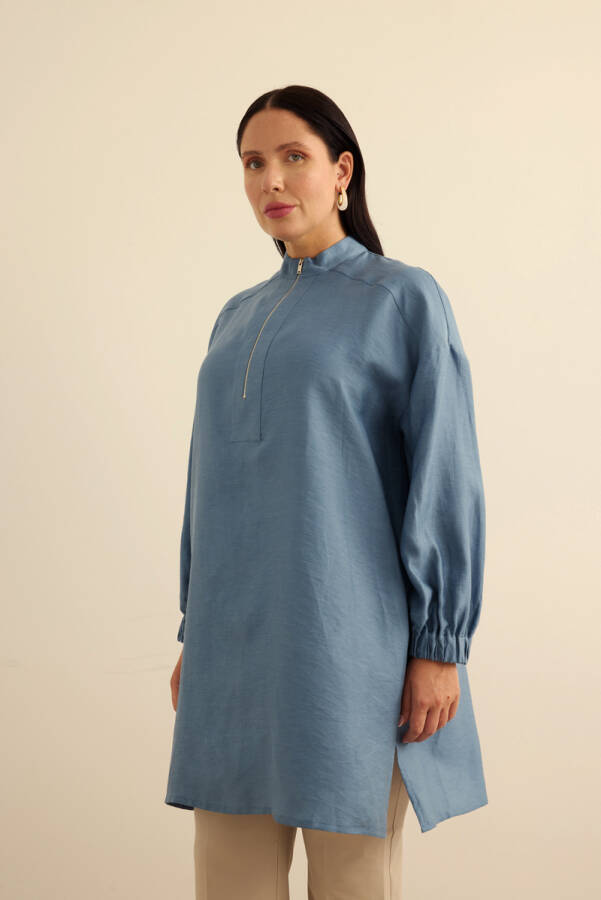 İndigo Yakası Fermuarlı Keten Tencel Tunik - 5
