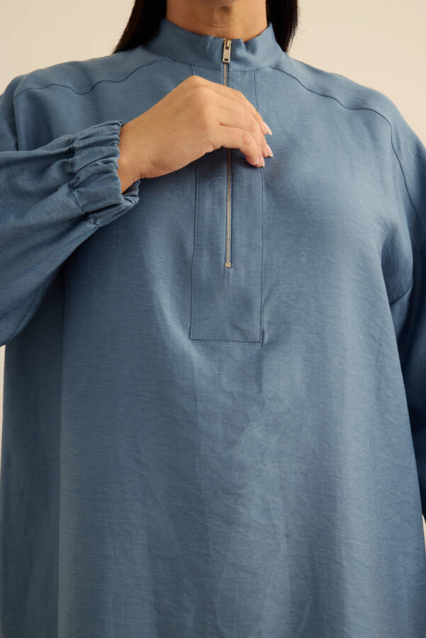 İndigo Yakası Fermuarlı Keten Tencel Tunik - 6