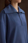 İndigo Yakası ve Yan Yırtmaçları Fermuarlı Modal Sweatshirt - 3