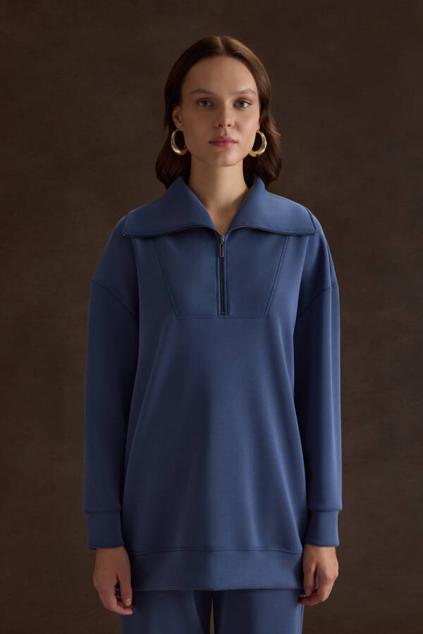 İndigo Yakası ve Yan Yırtmaçları Fermuarlı Modal Sweatshirt - Aker