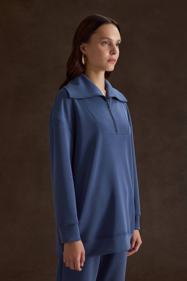 İndigo Yakası ve Yan Yırtmaçları Fermuarlı Modal Sweatshirt - Aker (1)