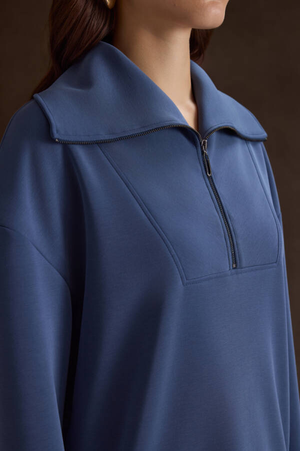İndigo Yakası ve Yan Yırtmaçları Fermuarlı Modal Sweatshirt - 3