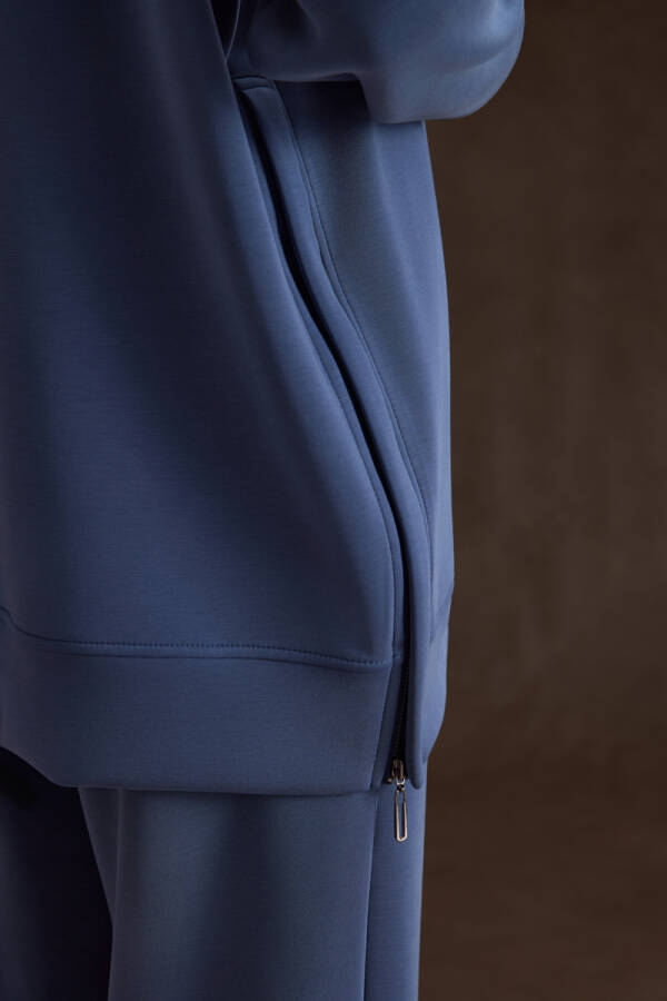 İndigo Yakası ve Yan Yırtmaçları Fermuarlı Modal Sweatshirt - 4
