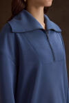 İndigo Yakası ve Yan Yırtmaçları Fermuarlı Modal Sweatshirt - 3