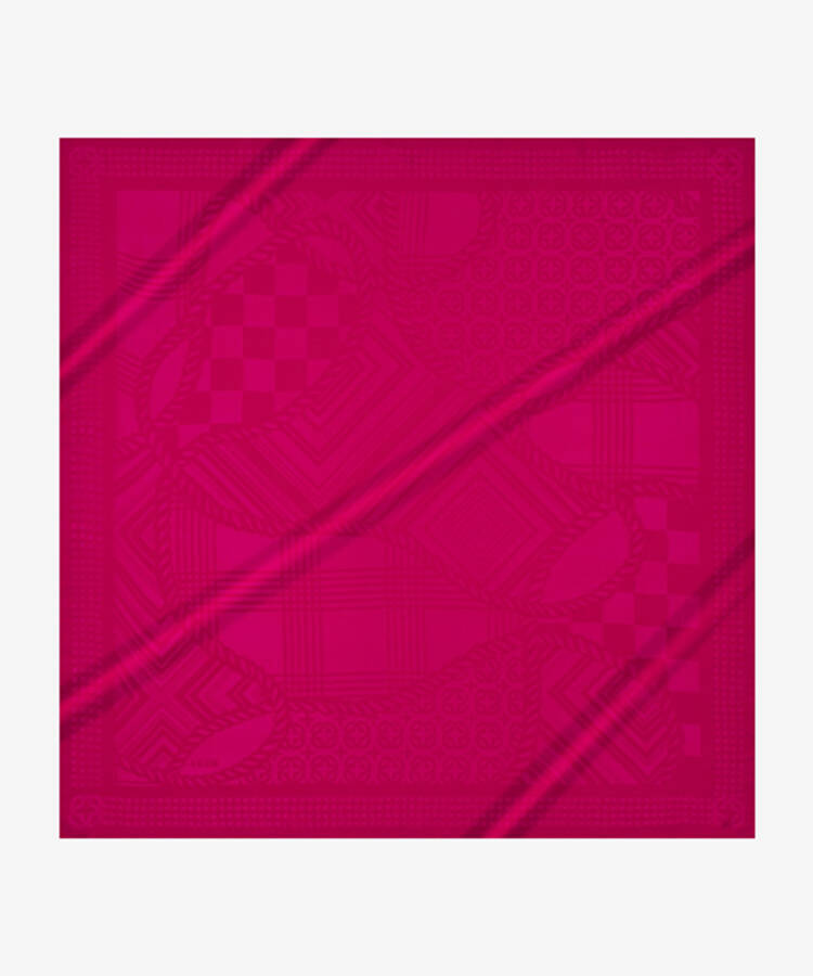 Fuşya İpek Jakarlı Kare Geometrik Desenli Eşarp - 1