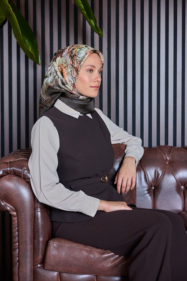 Kahverengi 90X90 İpek Krep Saten Eşarp - Aker