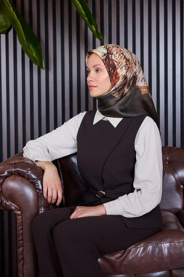 Kahverengi 90X90 İpek Krep Saten Eşarp - Aker (1)