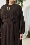 Kahverengi Bel ve Kol Ucu Lastik Detaylı Elbise - 5