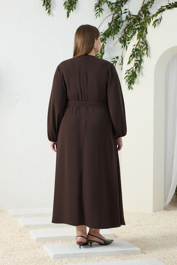 Kahverengi Bel ve Kol Ucu Lastik Detaylı Elbise - 7