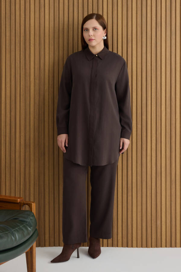 Kahverengi Beli Bağcıklı Tencel Pantolon - 1