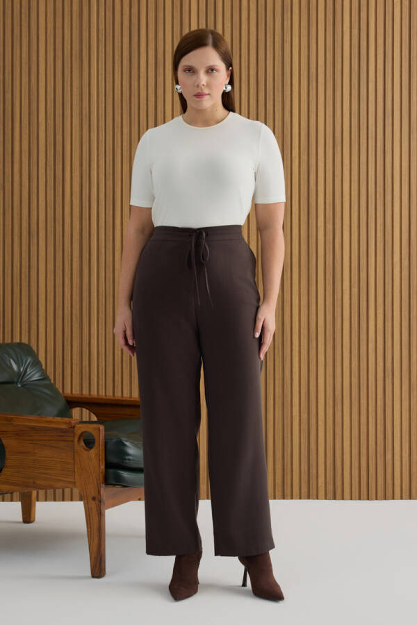 Kahverengi Beli Bağcıklı Tencel Pantolon - 3