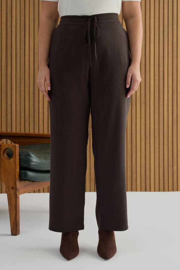 Kahverengi Beli Bağcıklı Tencel Pantolon - 4