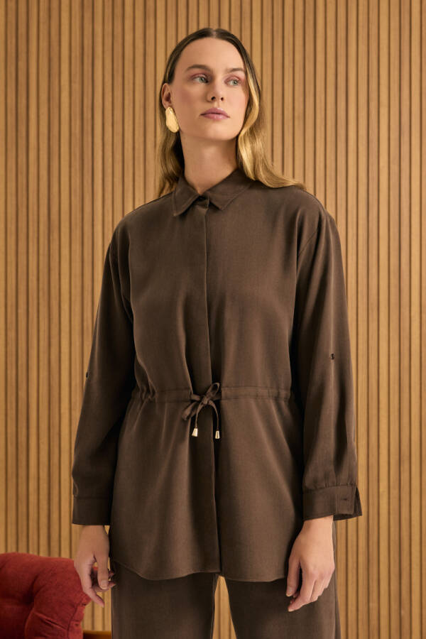 Kahverengi Beli Bağcıklı Tencel Tunik - 2