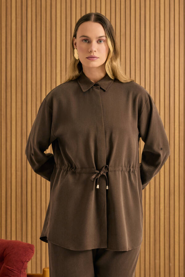 Kahverengi Beli Bağcıklı Tencel Tunik - 3