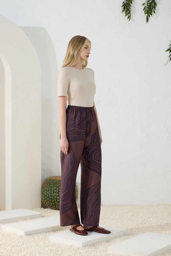 Kahverengi Beli Lastikli Desenli Pantolon - 4