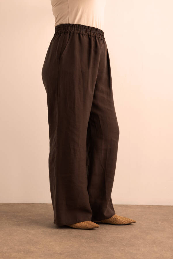 Kahverengi Beli Lastikli Keten Tencel Pantolon - 4