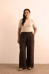 Kahverengi Beli Lastikli Keten Tencel Pantolon 