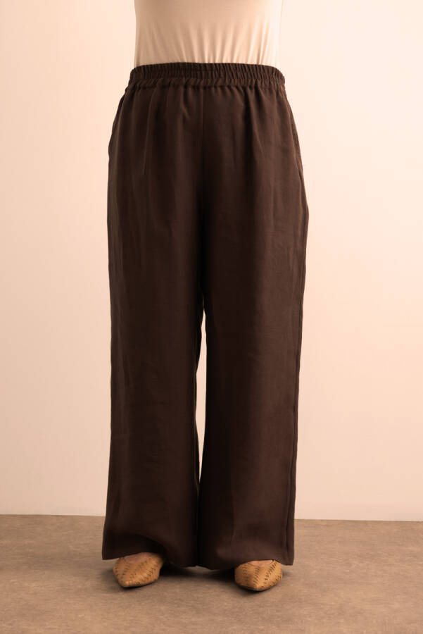 Kahverengi Beli Lastikli Keten Tencel Pantolon - 3