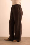 Kahverengi Beli Lastikli Keten Tencel Pantolon - 5