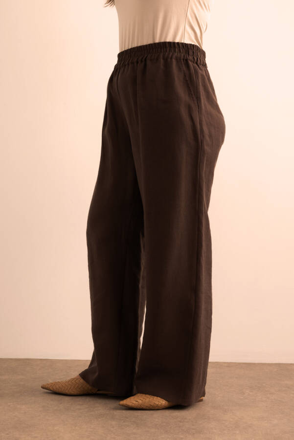 Kahverengi Beli Lastikli Keten Tencel Pantolon - 5