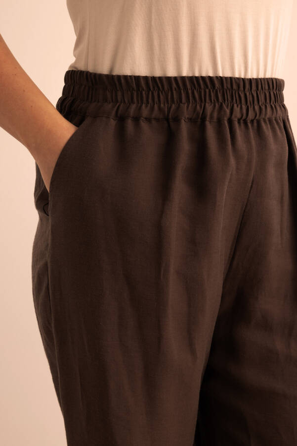 Kahverengi Beli Lastikli Keten Tencel Pantolon - 6