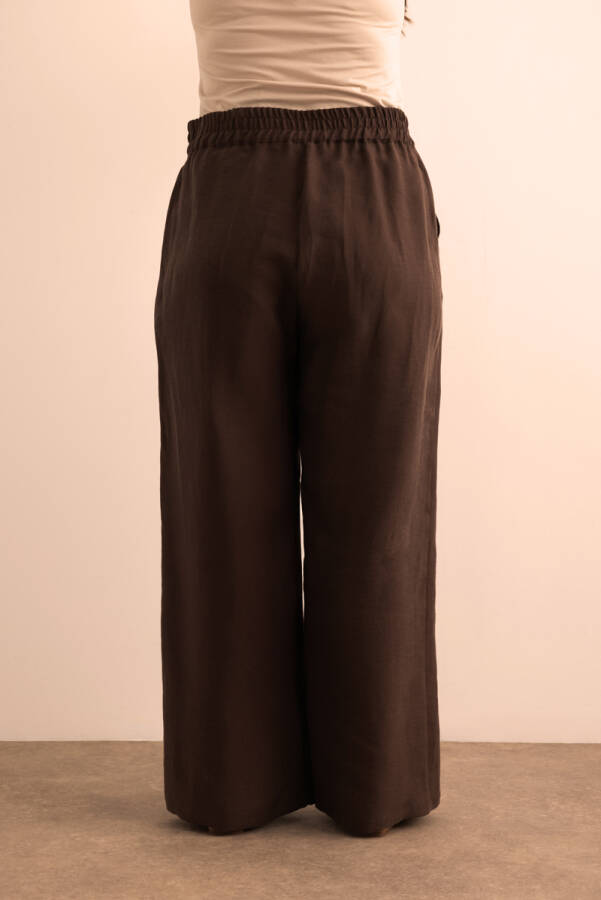 Kahverengi Beli Lastikli Keten Tencel Pantolon - 7