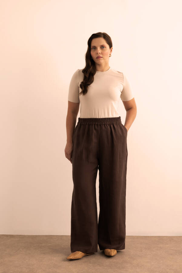Kahverengi Beli Lastikli Keten Tencel Pantolon - 1