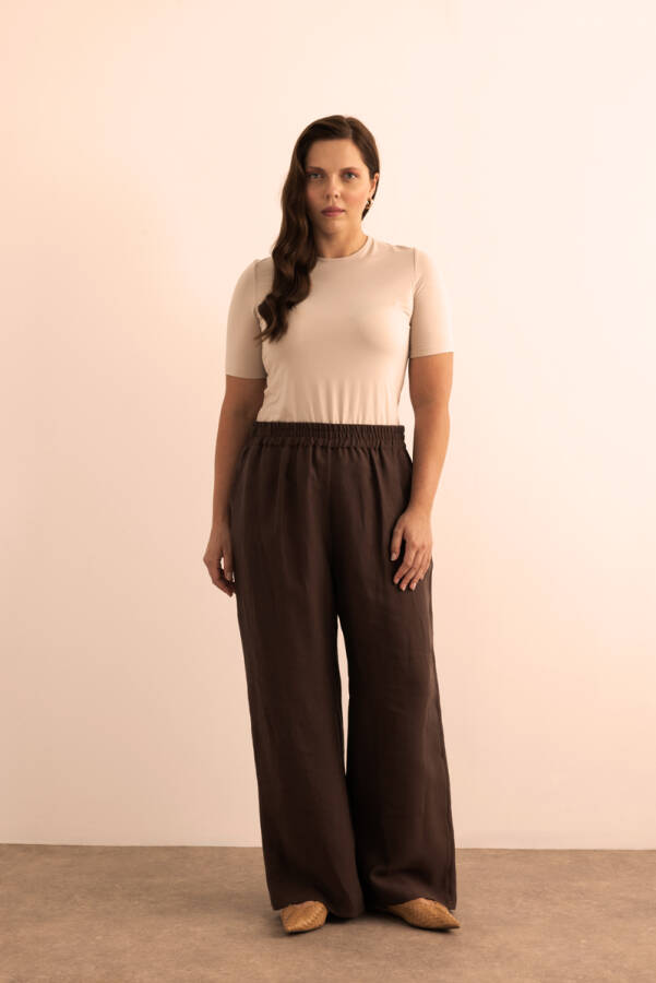 Kahverengi Beli Lastikli Keten Tencel Pantolon - 2