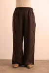 Kahverengi Beli Lastikli Keten Tencel Pantolon - 3