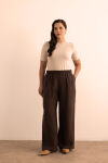 Kahverengi Beli Lastikli Keten Tencel Pantolon 