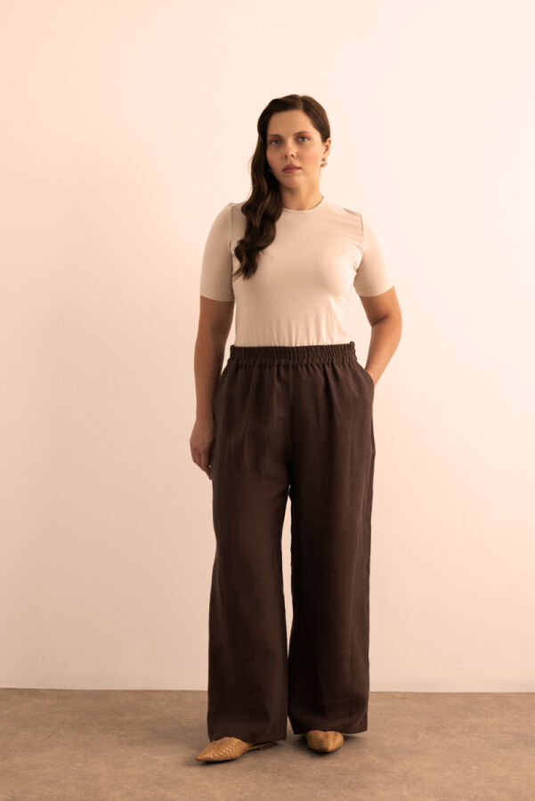 Kahverengi Beli Lastikli Keten Tencel Pantolon - 1