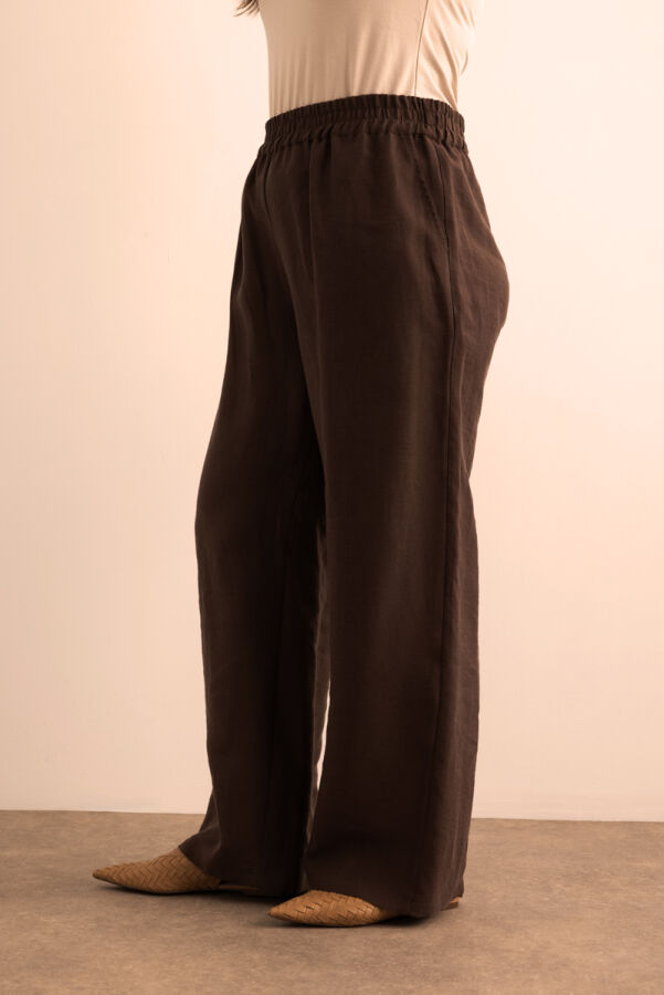 Kahverengi Beli Lastikli Keten Tencel Pantolon - 5