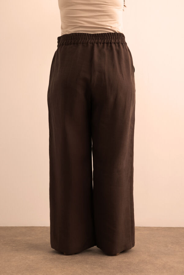 Kahverengi Beli Lastikli Keten Tencel Pantolon - 7