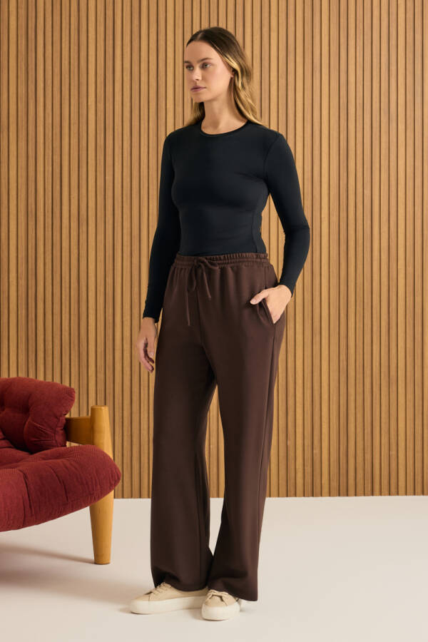 Kahverengi Beli Lastikli Örme Pantolon - 3