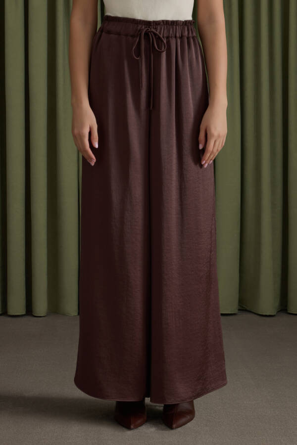 Kahverengi Beli Lastikli Saten Pantolon - 3
