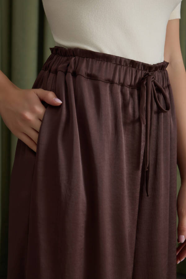 Kahverengi Beli Lastikli Saten Pantolon - 5
