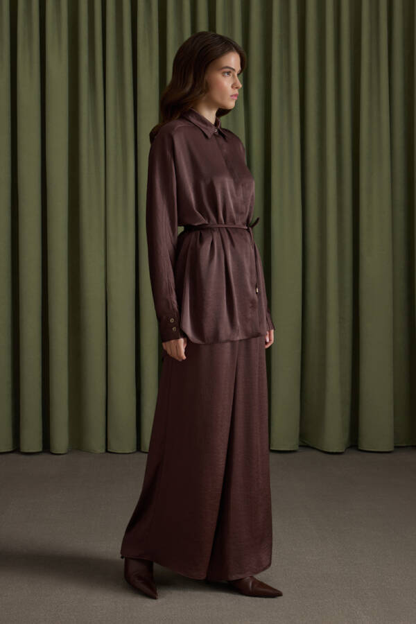 Kahverengi Beli Lastikli Saten Pantolon - Aker