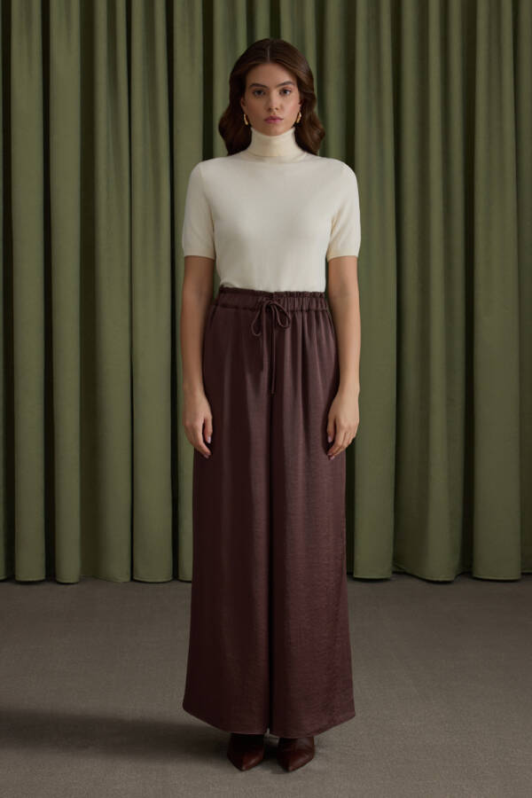 Kahverengi Beli Lastikli Saten Pantolon - Aker (1)