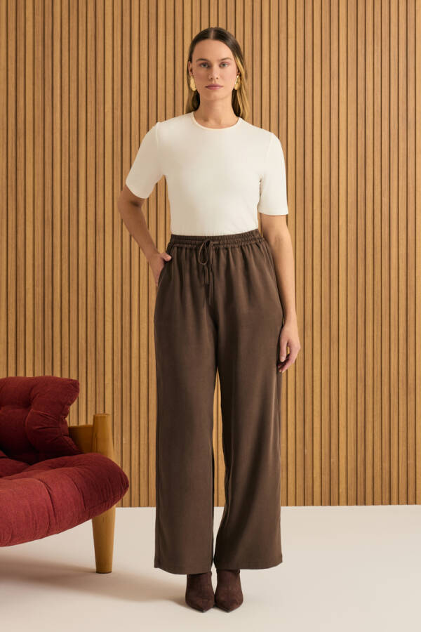 Kahverengi Beli Lastikli Tencel Pantolon - Aker (1)