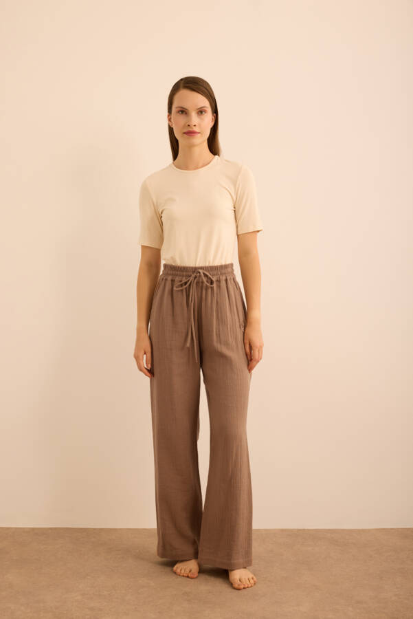 Kahverengi Beli Lastikli Viscon Cotton Pijama Altı - Aker